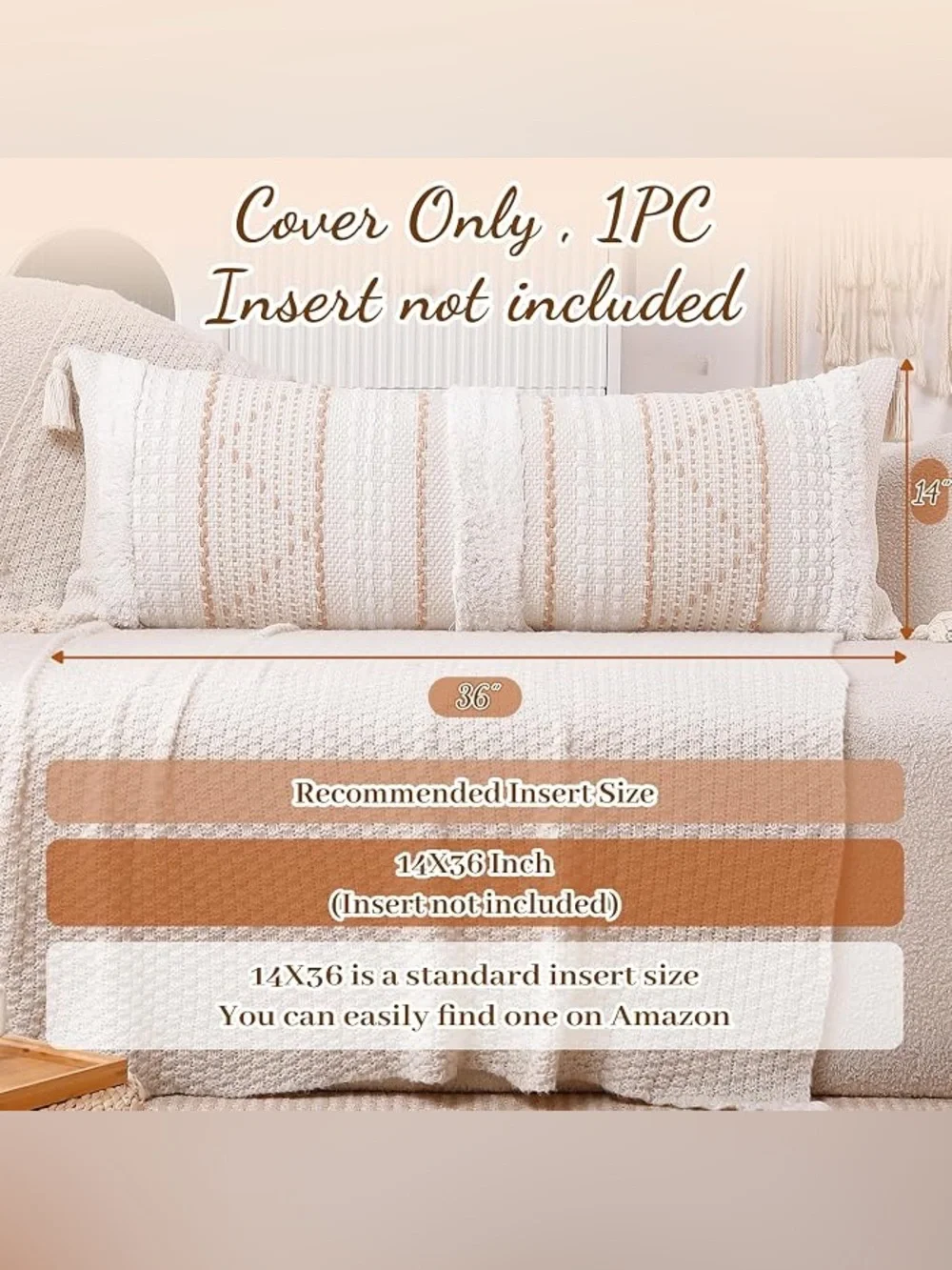 14 x 36 Lumbar Pillow Cover, Boho Tufted Decorative, Cream Beige